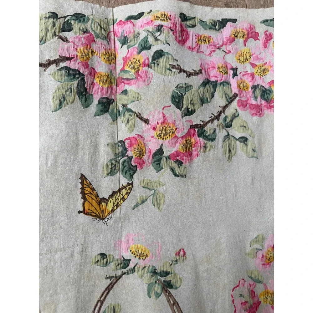 Vintage 50s Chinoiserie Paper Hand Painted Floral Basket Butterfly Wall Decor